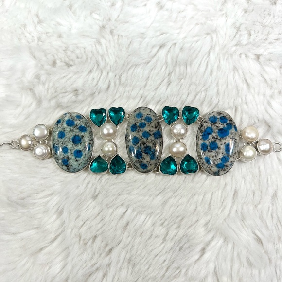 Azurite K2 Pearl Apatite 925 Large Gemstone Bracelet - Picture 3 of 6